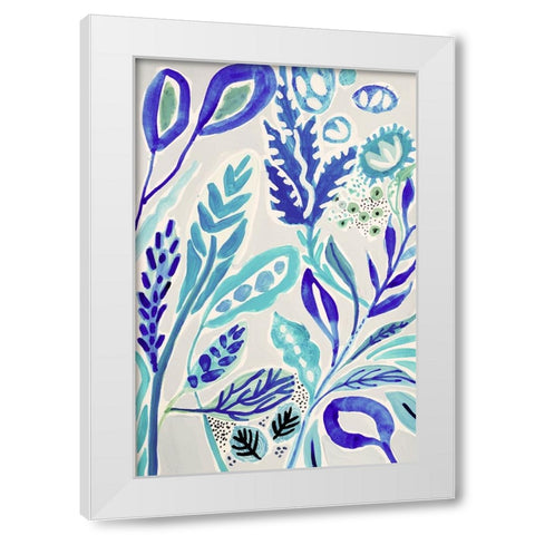 Leaves in Blue I White Modern Wood Framed Art Print by Fields, Karen