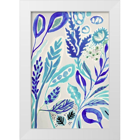 Leaves in Blue I White Modern Wood Framed Art Print by Fields, Karen