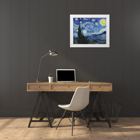 Starry Night White Modern Wood Framed Art Print by Van Gogh, Vincent
