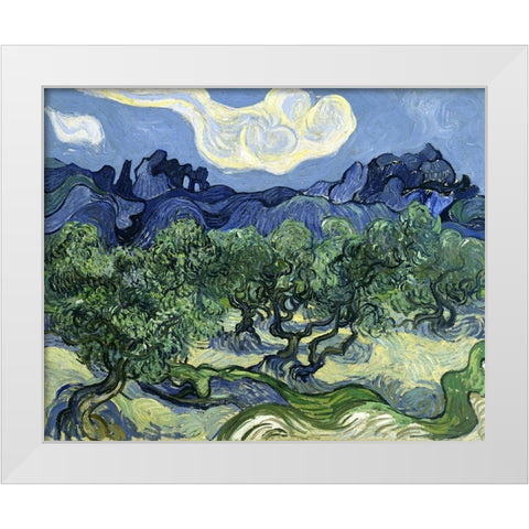 Olive Trees with the Alpilles in the Background White Modern Wood Framed Art Print by Van Gogh, Vincent