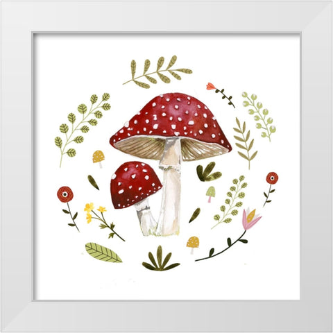 Folksy Mushrooms I White Modern Wood Framed Art Print by Barnes, Victoria