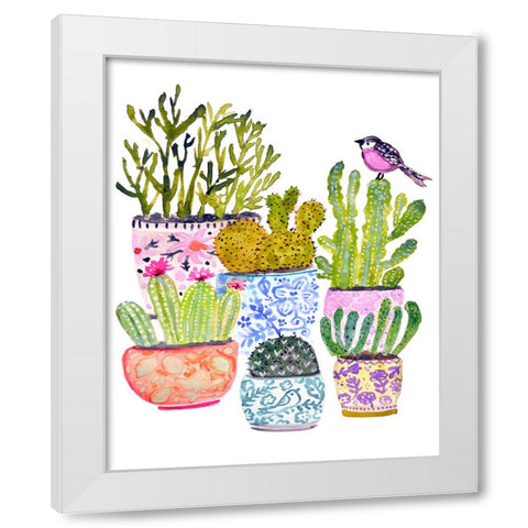 Cactus and Pink Bird White Modern Wood Framed Art Print by Fields, Karen
