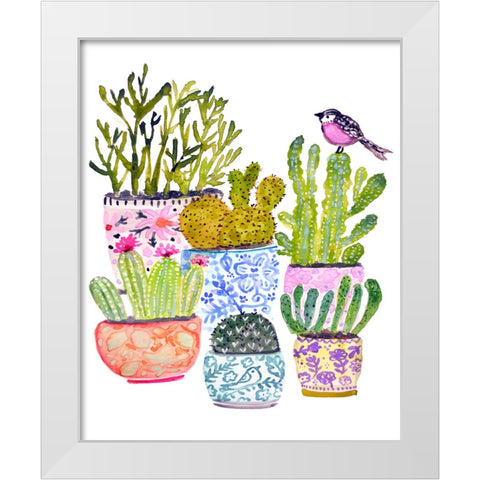 Cactus and Pink Bird White Modern Wood Framed Art Print by Fields, Karen