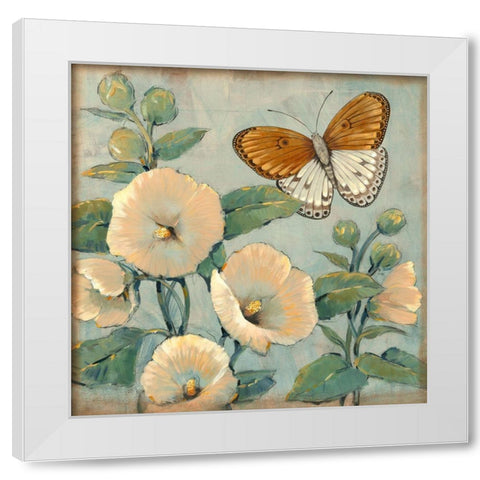 Butterfly and Hollyhocks I White Modern Wood Framed Art Print by OToole, Tim