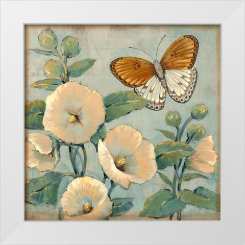 Butterfly and Hollyhocks I White Modern Wood Framed Art Print by OToole, Tim