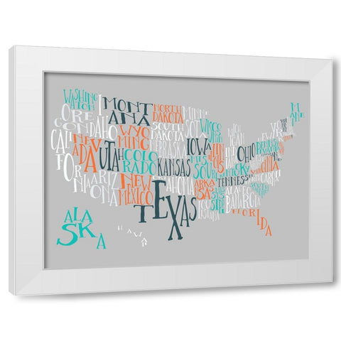 Orange Taffy US Typography Map White Modern Wood Framed Art Print by Inner Circle