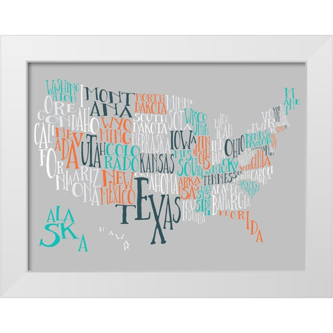 Orange Taffy US Typography Map White Modern Wood Framed Art Print by Inner Circle