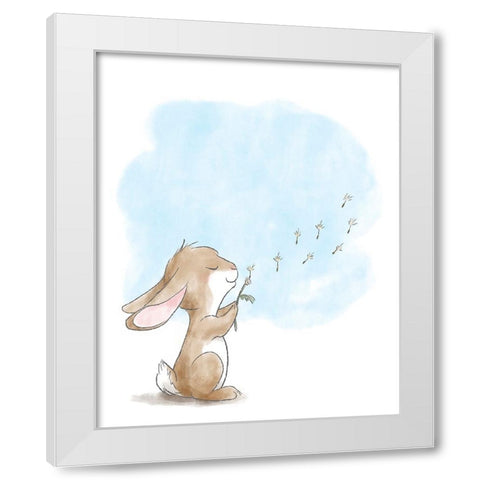 Little Bunny Blowing Dandelions White Modern Wood Framed Art Print by Circle Kids