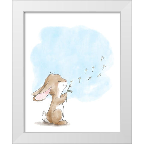 Little Bunny Blowing Dandelions White Modern Wood Framed Art Print by Circle Kids