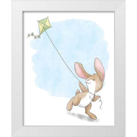 Little Bunny Flying a Kite White Modern Wood Framed Art Print by Circle Kids