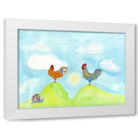 Hilltop Roosters White Modern Wood Framed Art Print by Blixt, Ingrid