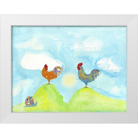 Hilltop Roosters White Modern Wood Framed Art Print by Blixt, Ingrid