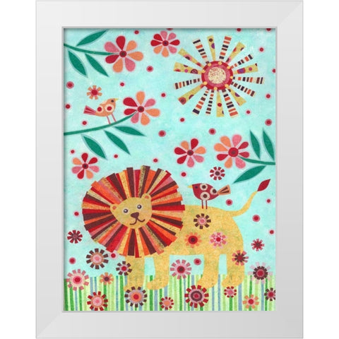 Lion and Birds White Modern Wood Framed Art Print by Conway, Kim