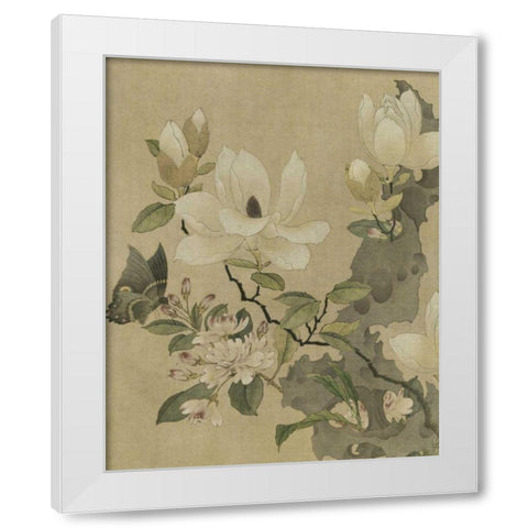 Magnolia and Butterfly White Modern Wood Framed Art Print by Unknown