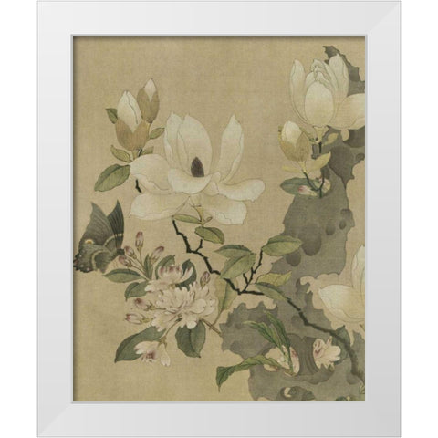Magnolia and Butterfly White Modern Wood Framed Art Print by Unknown