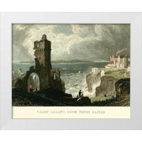 Caldy Island, from Tenby Castle White Modern Wood Framed Art Print by Allom, T.