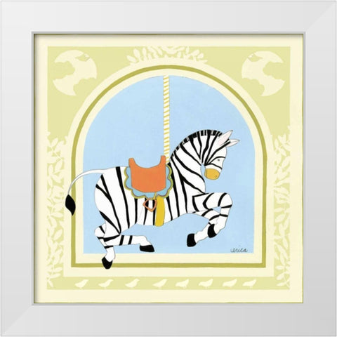 Zebra Carousel White Modern Wood Framed Art Print by Vess, June Erica