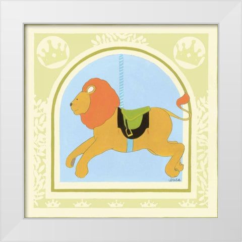 Lion Carousel White Modern Wood Framed Art Print by Vess, June Erica
