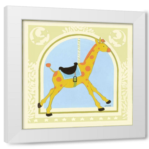 Giraffe Carousel White Modern Wood Framed Art Print by Vess, June Erica