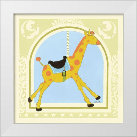Giraffe Carousel White Modern Wood Framed Art Print by Vess, June Erica