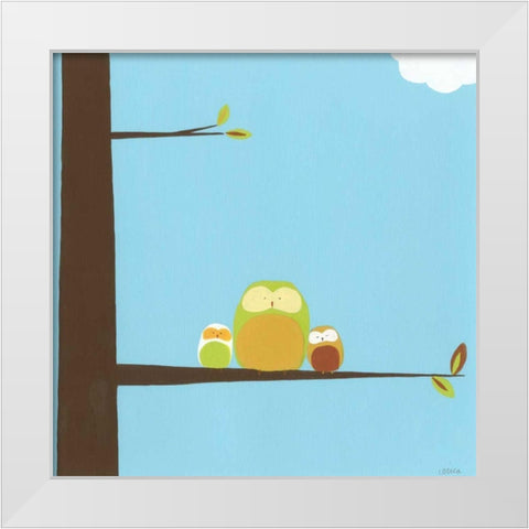 Tree-top Owls III White Modern Wood Framed Art Print by Vess, June Erica