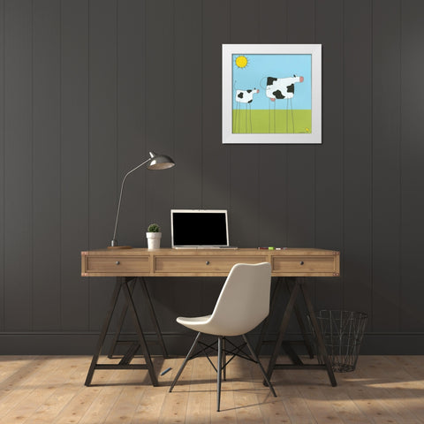 Stick-leg Cow I White Modern Wood Framed Art Print by Vess, June Erica