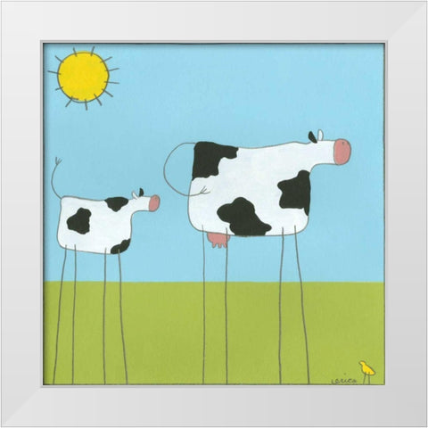 Stick-leg Cow I White Modern Wood Framed Art Print by Vess, June Erica