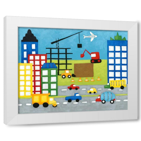 Storybook Construction Site White Modern Wood Framed Art Print by Zarris, Chariklia