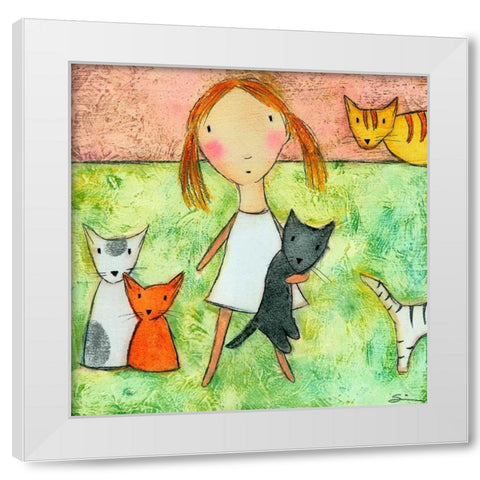 Girl with Cats White Modern Wood Framed Art Print by Sonheim, Carla