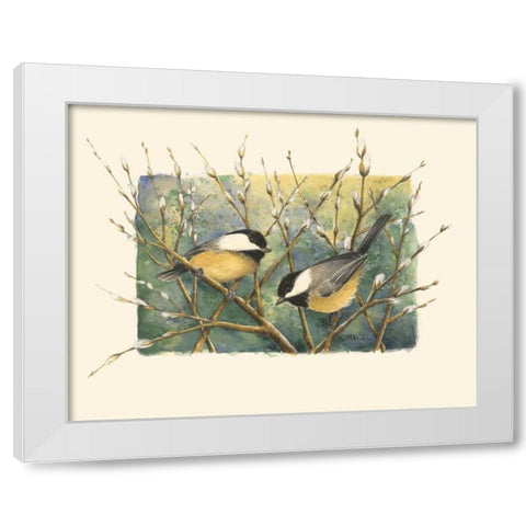 Chickadees and Pussy Willow White Modern Wood Framed Art Print by Mandel, Janet