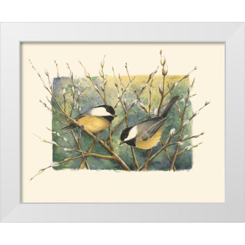 Chickadees and Pussy Willow White Modern Wood Framed Art Print by Mandel, Janet