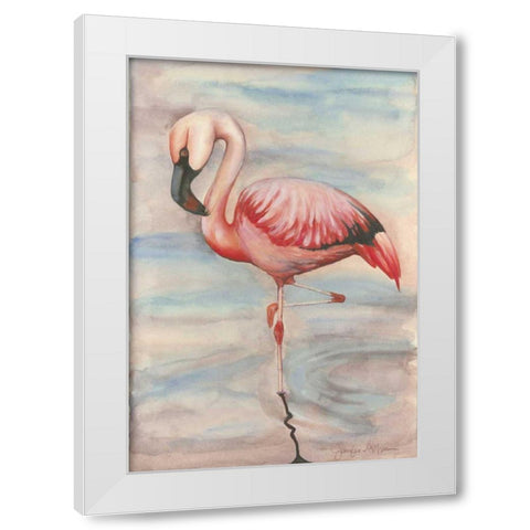 Pink Flamingo II White Modern Wood Framed Art Print by Goldberger, Jennifer