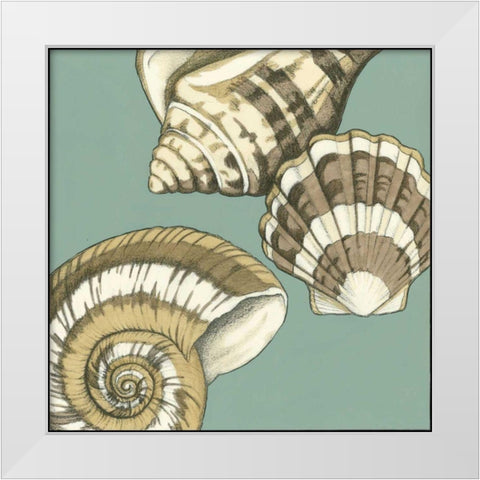 Small Shell Trio on Blue II White Modern Wood Framed Art Print by Meagher, Megan