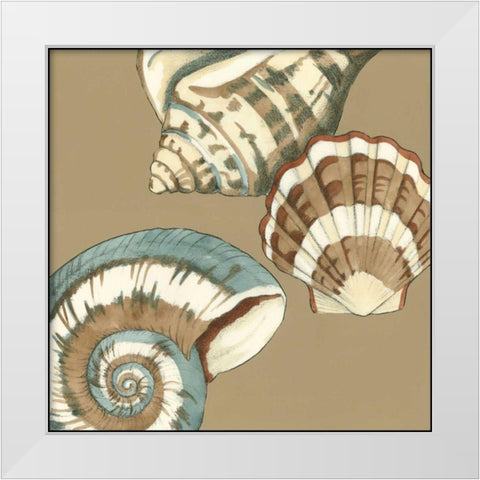 Small Shell Trio on Khaki II White Modern Wood Framed Art Print by Meagher, Megan