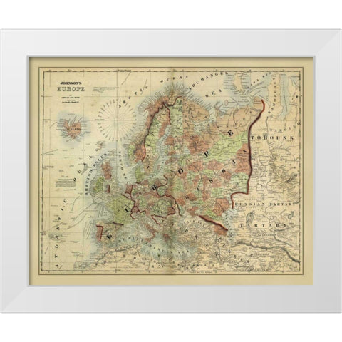 Antique Map of Europe  White Modern Wood Framed Art Print by Johnson