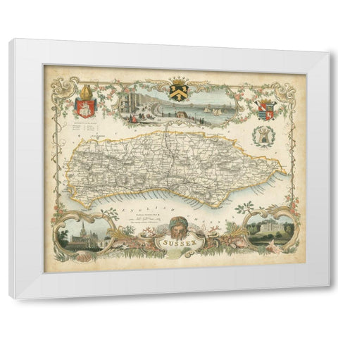 Map of Sussex White Modern Wood Framed Art Print by Unknown
