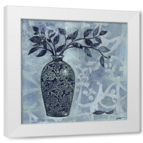 Ornate Vase with Indigo Leaves II White Modern Wood Framed Art Print by Wyatt Jr., Norman