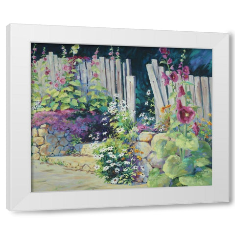 Hollyhock Garden White Modern Wood Framed Art Print by Pollard, Julie G.