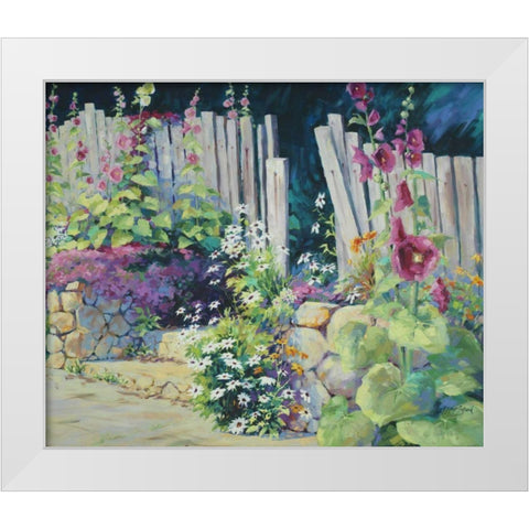 Hollyhock Garden White Modern Wood Framed Art Print by Pollard, Julie G.