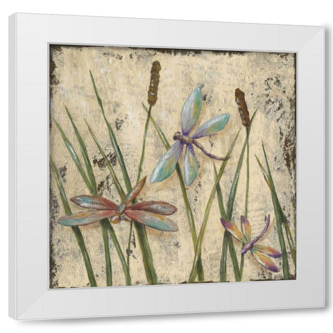 Dancing Dragonflies I White Modern Wood Framed Art Print by Reynolds, Jade