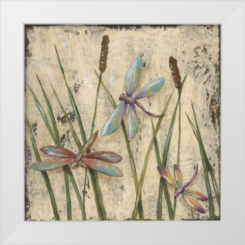 Dancing Dragonflies I White Modern Wood Framed Art Print by Reynolds, Jade