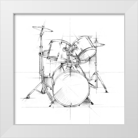 Drum Sketch White Modern Wood Framed Art Print by Harper, Ethan