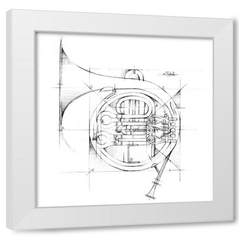 French Horn Sketch White Modern Wood Framed Art Print by Harper, Ethan