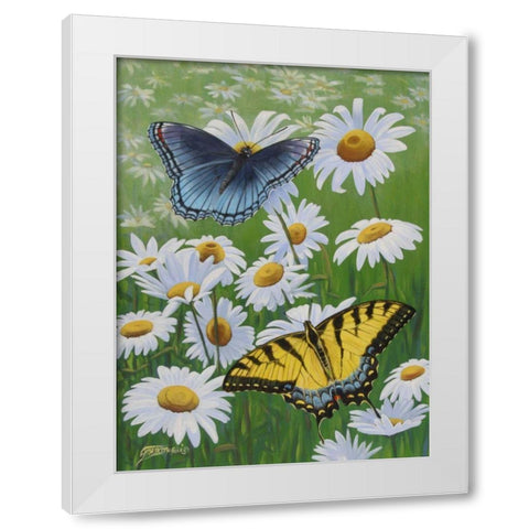 Butterflies and Daisies White Modern Wood Framed Art Print by Szatkowski, Fred