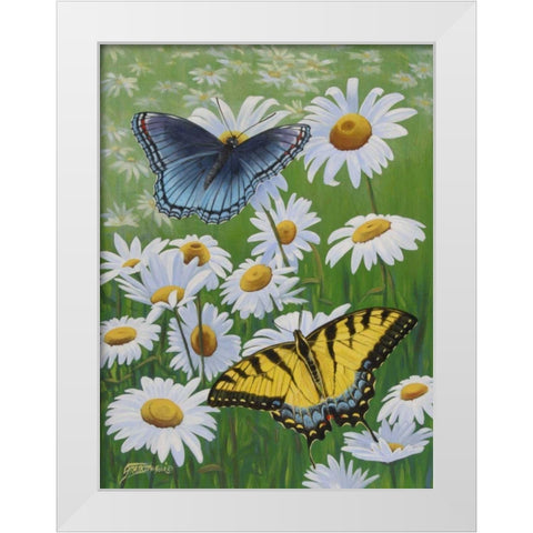 Butterflies and Daisies White Modern Wood Framed Art Print by Szatkowski, Fred