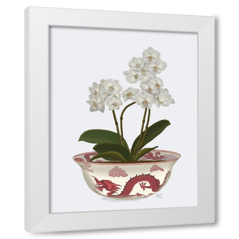 Chinoiserie Orchids White, Dragon Bowl Red White Modern Wood Framed Art Print by Fab Funky