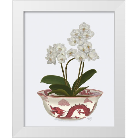 Chinoiserie Orchids White, Dragon Bowl Red White Modern Wood Framed Art Print by Fab Funky