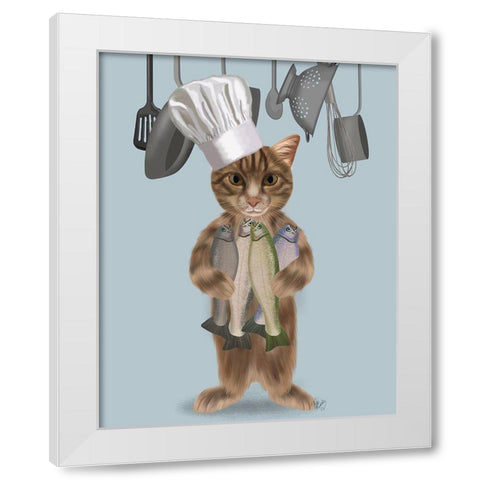 Tabby Cat Fish Chef White Modern Wood Framed Art Print by Fab Funky