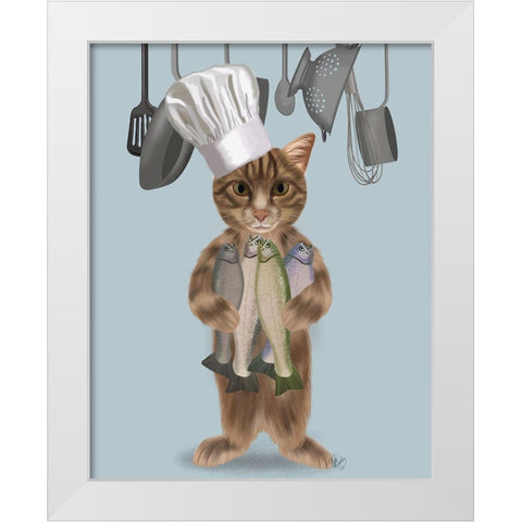 Tabby Cat Fish Chef White Modern Wood Framed Art Print by Fab Funky