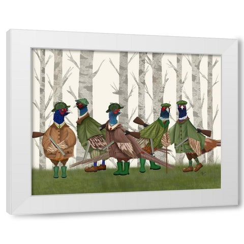 Pheasant Shooting Party Group 3 White Modern Wood Framed Art Print by Fab Funky
